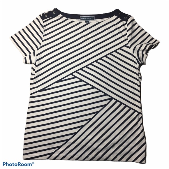 Karen Scott Boatneck Diagonal Stripes Naval Short Sleeve Top White Navy Medium - Picture 1 of 6